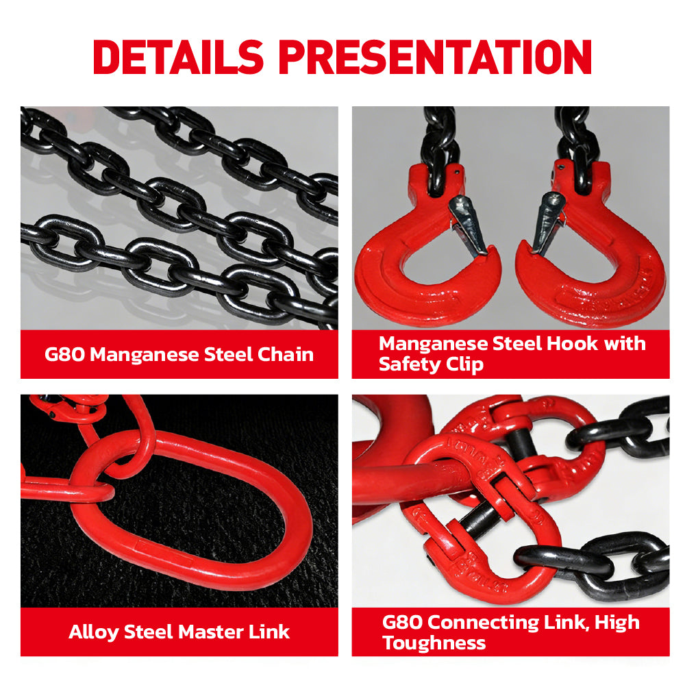 Grade 80 chain sling 1T-5T heavy duty lifting chain with master link and safety hooks, available in 1, 2 and 4 leg configurations for rigging and hoisting