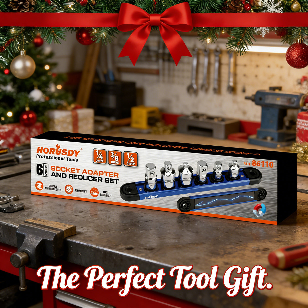 6-piece socket adapter and reducer set with magnetic rail, 1/4 3/8 1/2 inch drive adapters for ratchets and socket tools