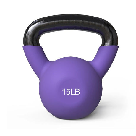 vinyl coated kettlebell weights in 5LB, 10LB and 15LB options with wide grip handles for home gym strength training, squats and full body workouts