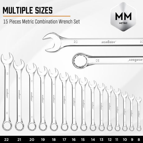 15-Piece Metric Combination Spanner Set, CRV Silver, Chrome Vanadium Steel, Heat Treated, Nickel Chrome Plated, Sizes 8-22mm