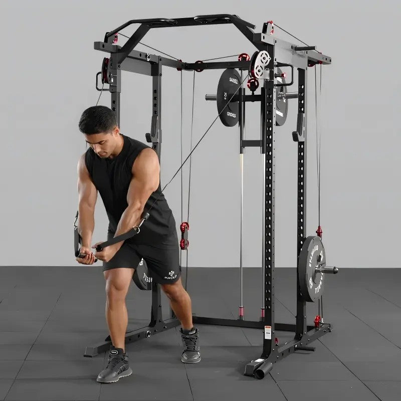 multi-function power cage power rack with cable crossover, lat pulldown, low row station and gym attachments for home strength training