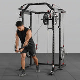multi-function power cage power rack with cable crossover, lat pulldown, low row station and gym attachments for home strength training