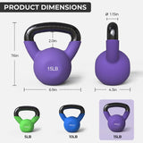 vinyl coated kettlebell weights in 5LB, 10LB and 15LB options with wide grip handles for home gym strength training, squats and full body workouts