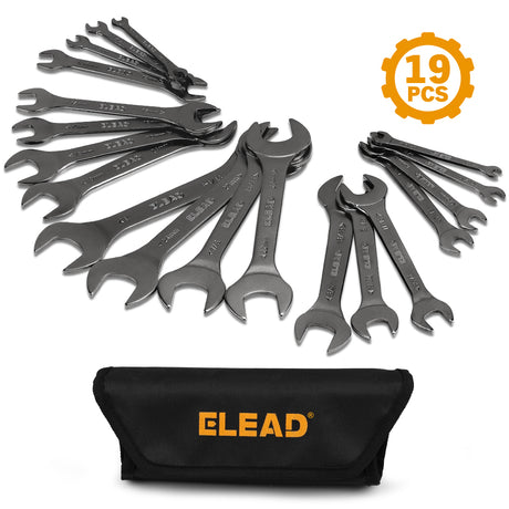 19-piece super-thin open end wrench set with 3mm slim profile, SAE and metric sizes, chrome vanadium steel construction, four-point open ends, and rolling tool pouch