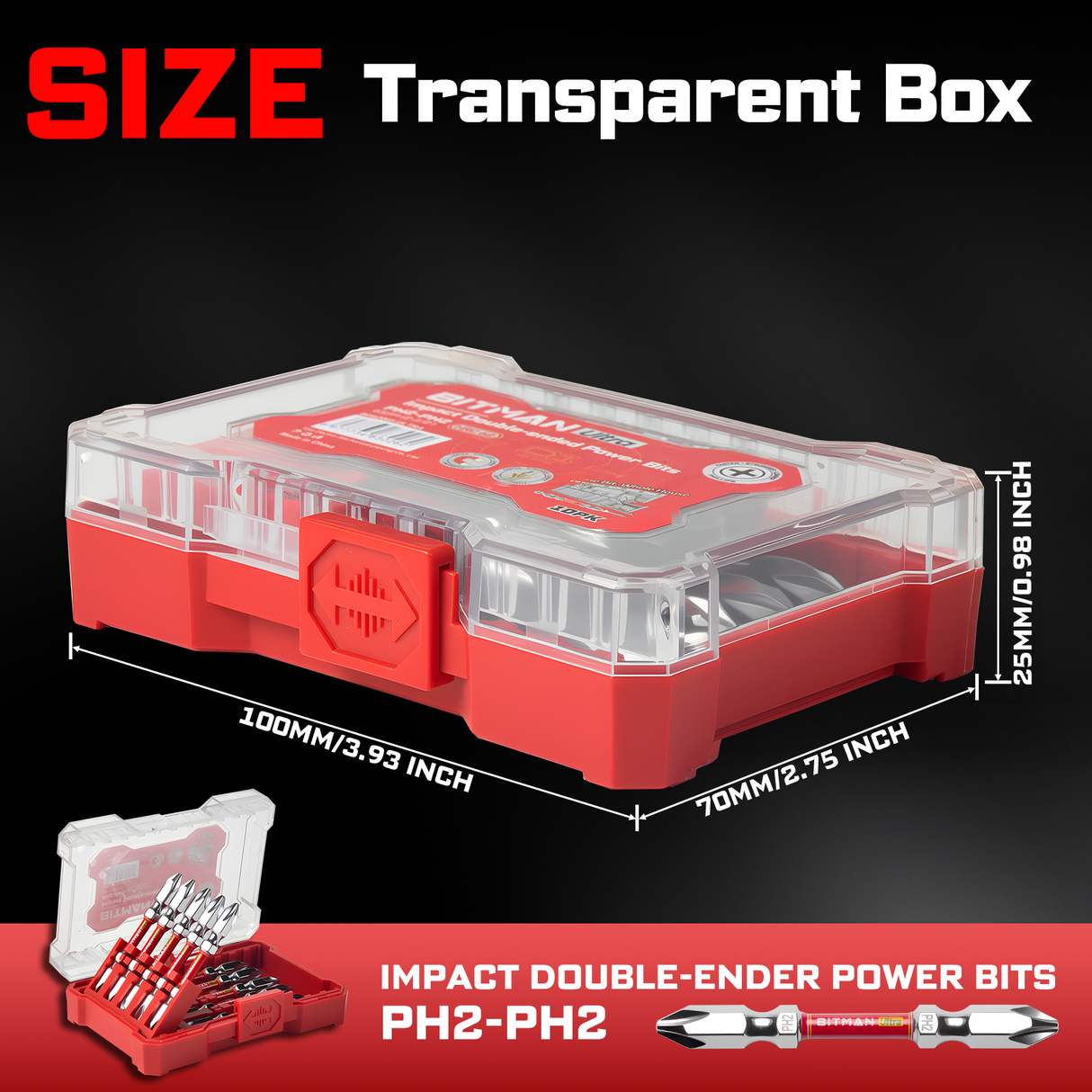 10-piece double-ended PH2 impact power bit set featuring magnetic S2 steel bits with dual torsion zones, HRC63 hardness, anti-cam-out design and storage case, available in 2.5 inch, 3.2 inch and 4.5 inch lengths for impact drivers and drills.