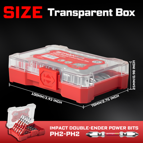 10-piece double-ended PH2 impact power bit set featuring magnetic S2 steel bits with dual torsion zones, HRC63 hardness, anti-cam-out design and storage case, available in 2.5 inch, 3.2 inch and 4.5 inch lengths for impact drivers and drills.