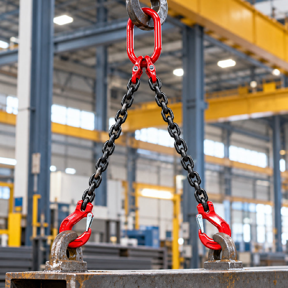Grade 80 chain sling 1T-5T heavy duty lifting chain with master link and safety hooks, available in 1, 2 and 4 leg configurations for rigging and hoisting