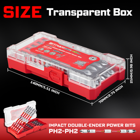10-piece double-ended PH2 impact power bit set featuring magnetic S2 steel bits with dual torsion zones, HRC63 hardness, anti-cam-out design and storage case, available in 2.5 inch, 3.2 inch and 4.5 inch lengths for impact drivers and drills.