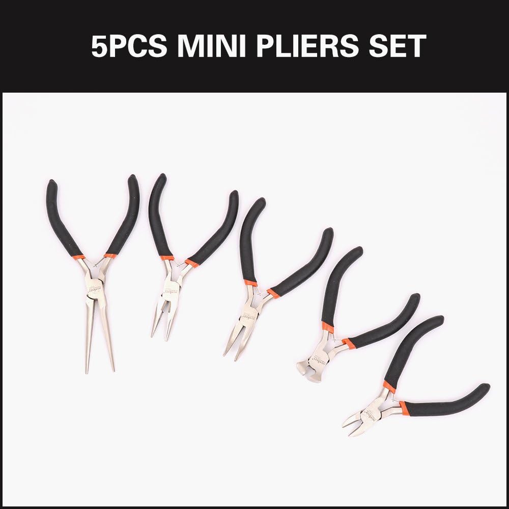 HORUSDY 5PCS mini pliers set including long nose pliers, bent nose pliers, flat nose pliers and end cutting pliers for jewelry making electronics repair DIY precision work