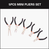 HORUSDY 5PCS mini pliers set including long nose pliers, bent nose pliers, flat nose pliers and end cutting pliers for jewelry making electronics repair DIY precision work