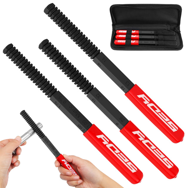 3-piece thread repair file set with metric and inch thread chasers for restoring damaged threads on bolts, studs, screws and pipes