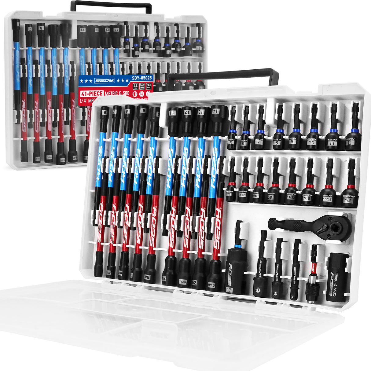 SEDY 41-piece 1/4-inch drive magnetic nut driver set with metric and SAE bits, strong magnetic tips, ratchet handle, and universal socket for versatile repair use.