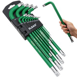 13-piece T10-T80 long arm Torx key set with L-shaped S2 steel star wrenches and green coated finish