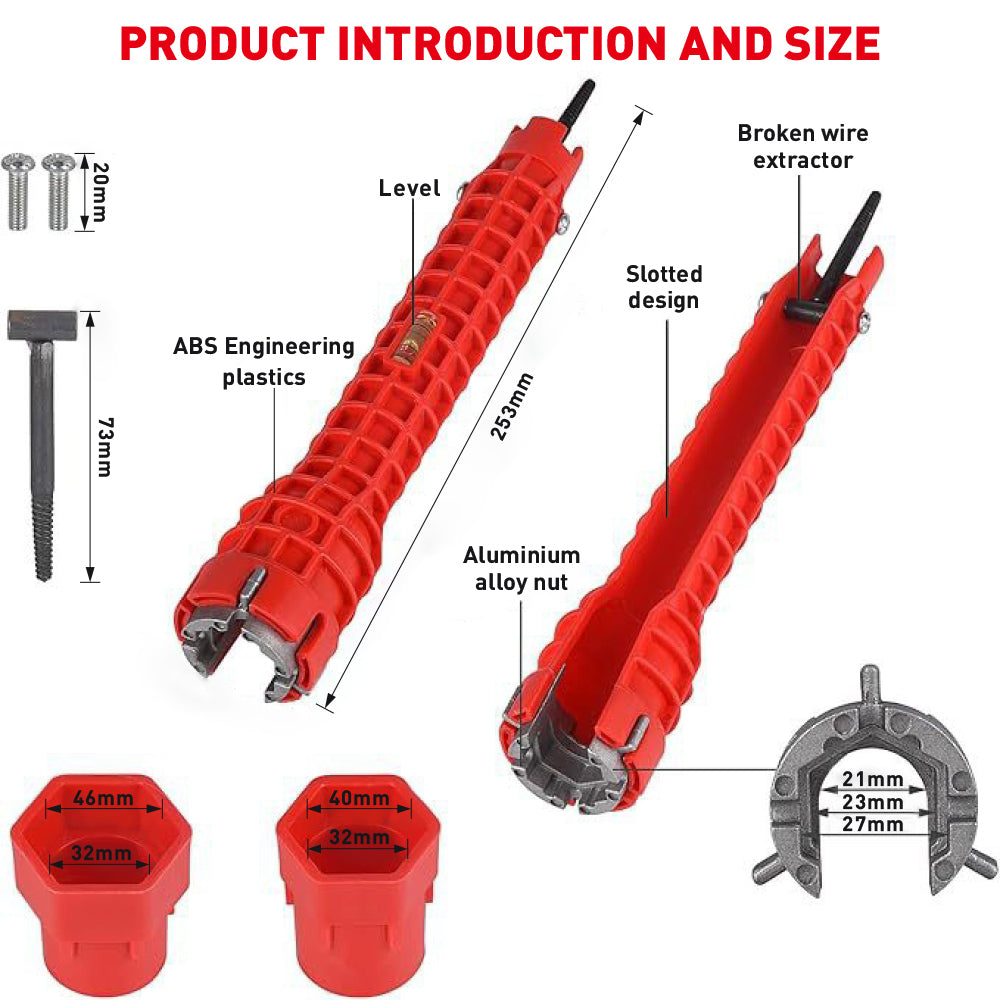 Red 8-in-1 sink wrench and faucet installer tool with adapters for under sink plumbing, basin nuts, valves and supply lines