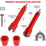 Red 8-in-1 sink wrench and faucet installer tool with adapters for under sink plumbing, basin nuts, valves and supply lines