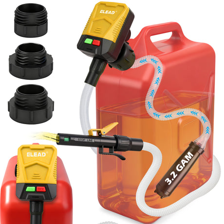 battery powered automatic fuel transfer pump with auto shut-off and multiple fuel can adapters