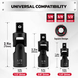 CR-V universal joint socket adapter in 1/4 inch, 3/8 inch and 1/2 inch drive sizes for ratchets, impact tools and automotive repair