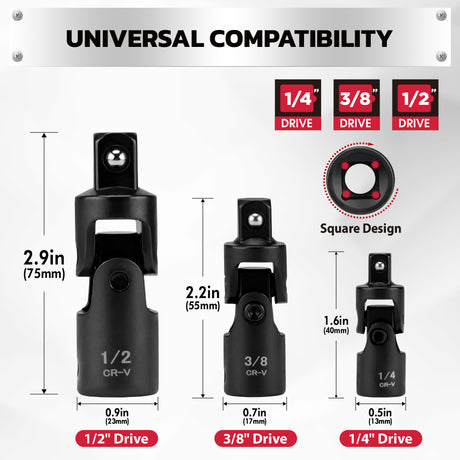CR-V universal joint socket adapter in 1/4 inch, 3/8 inch and 1/2 inch drive sizes for ratchets, impact tools and automotive repair