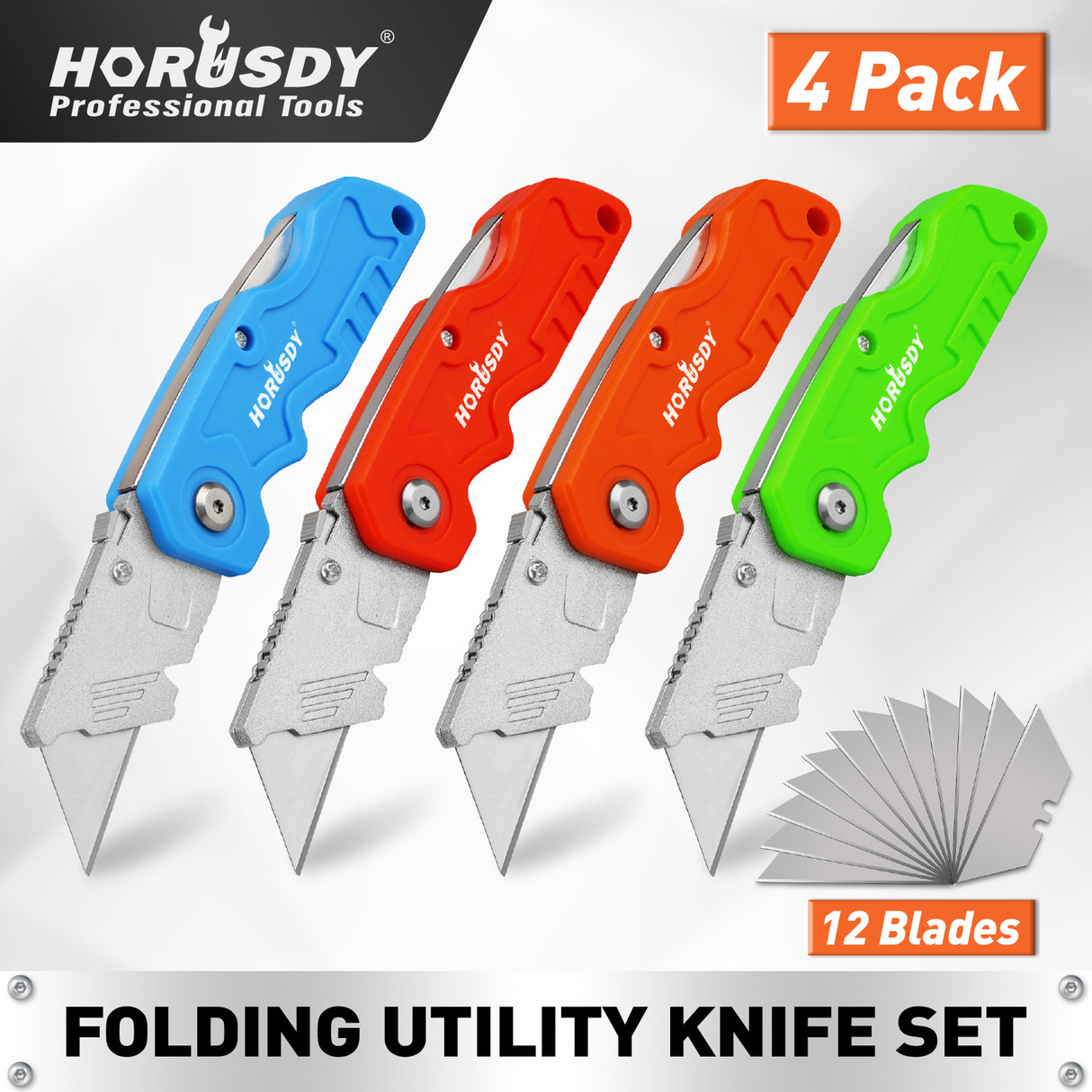 4Pc Folding Utility Knife Set | Quick-Change Box Cutter with 10 Extra Blades | Includes Storage Bag
