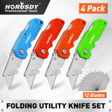 4Pc Folding Utility Knife Set | Quick-Change Box Cutter with 10 Extra Blades | Includes Storage Bag