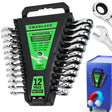 12-piece metric ratcheting combination wrench set with 72-tooth box end and magnetic storage holder