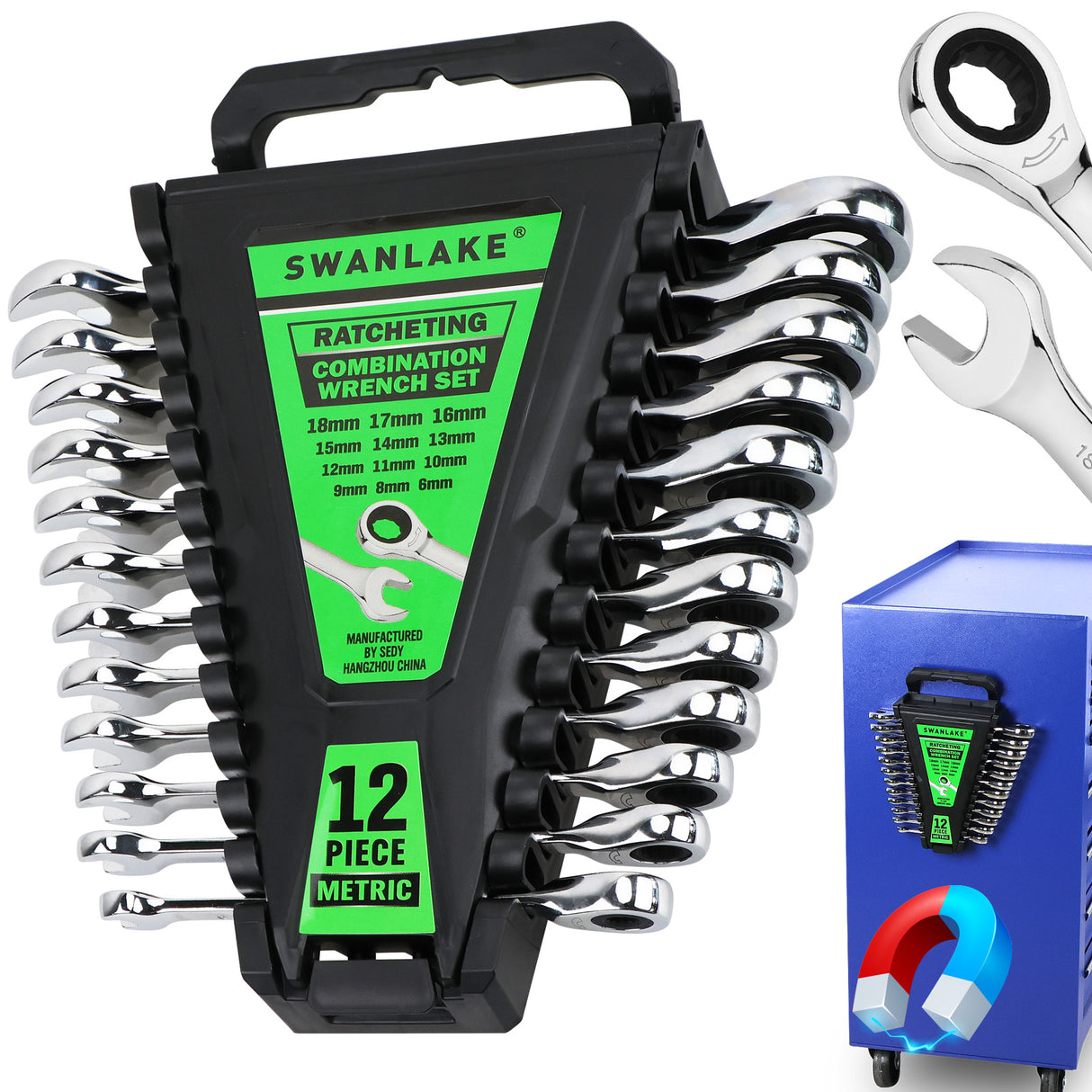 12-piece metric ratcheting combination wrench set with 72-tooth box end and magnetic storage holder