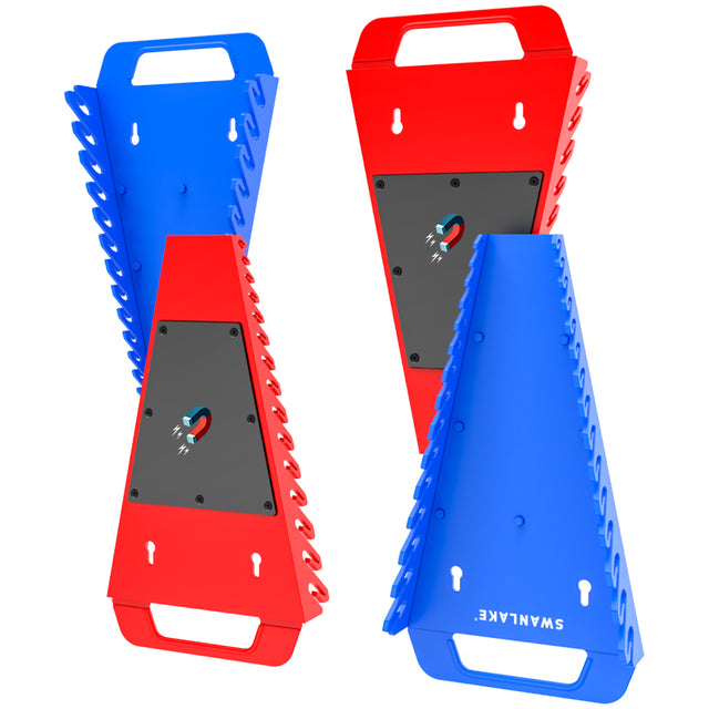 Set of four SWANLAKE magnetic wrench organisers with 15 slots each in red and blue, heavy-duty holders with strong magnets for wall or toolbox use