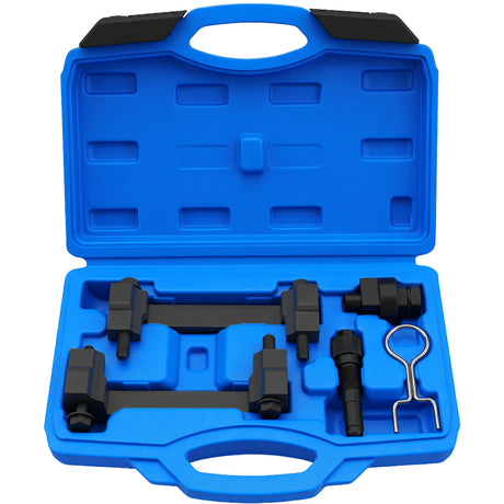 5-piece engine timing tool kit for VAG 2.4 and 3.2 FSI engines with camshaft locking tools, tensioner pin, and storage case for Audi and Volkswagen timing chain service