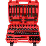 112PCS hex and Torx bit socket set with long-reach bits and 3/8 inch ratchet in red storage case