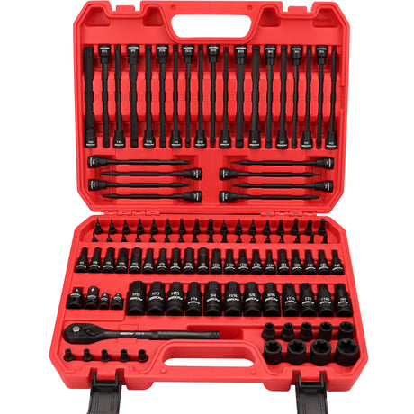 112PCS hex and Torx bit socket set with long-reach bits and 3/8 inch ratchet in red storage case