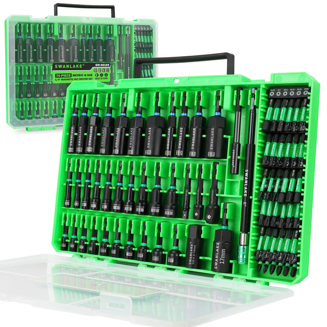 74 piece magnetic nut driver set metric and SAE with bits extensions and storage case