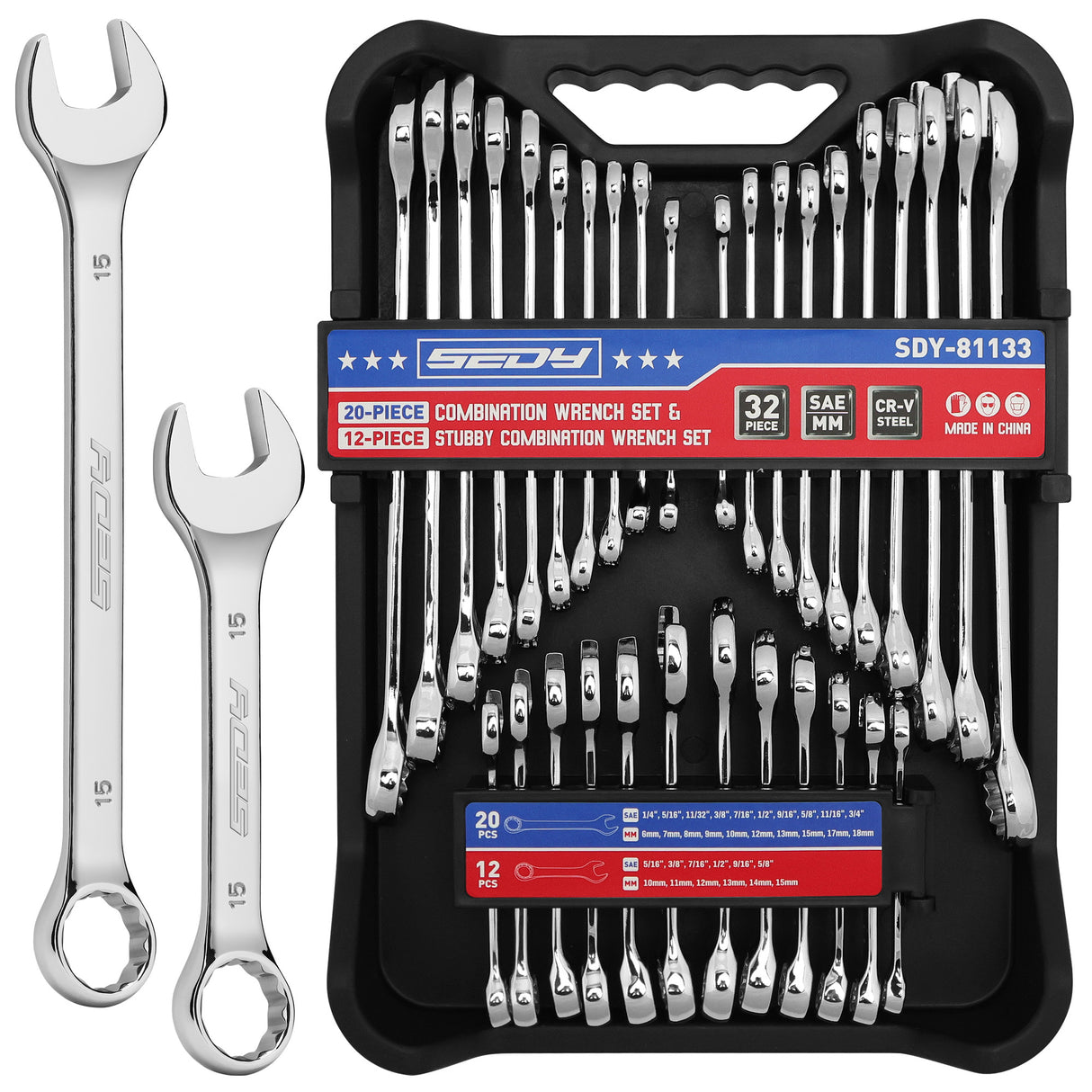 32-piece combination wrench set SAE and metric CR-V steel 12-point box end wrench set with stubby and standard sizes organizer rack