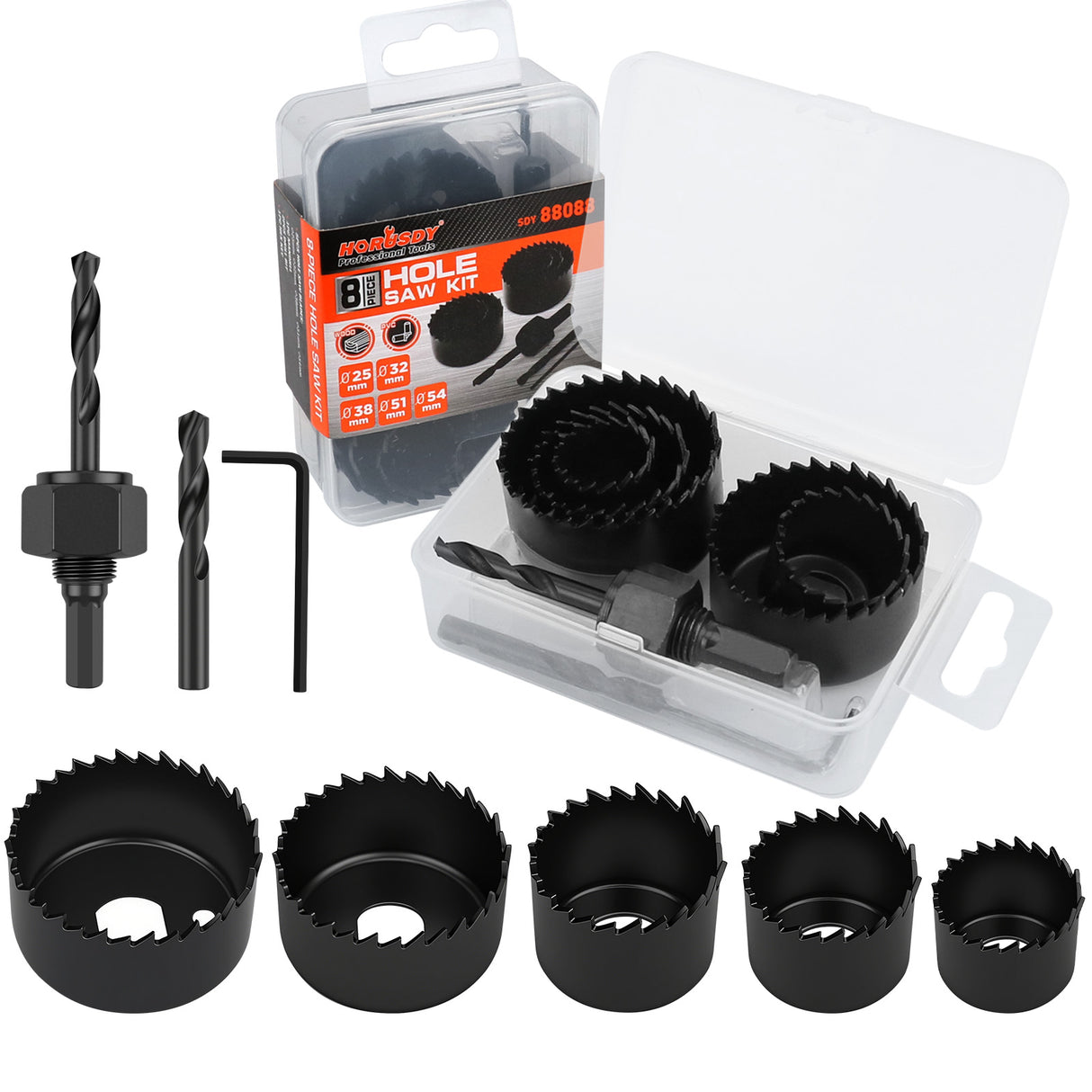 HORUSDY 8PCS Hole Saw Kit with Mandrel, Drill Bits, Hex Key and Storage Case for Wood, PVC and Plasterboard