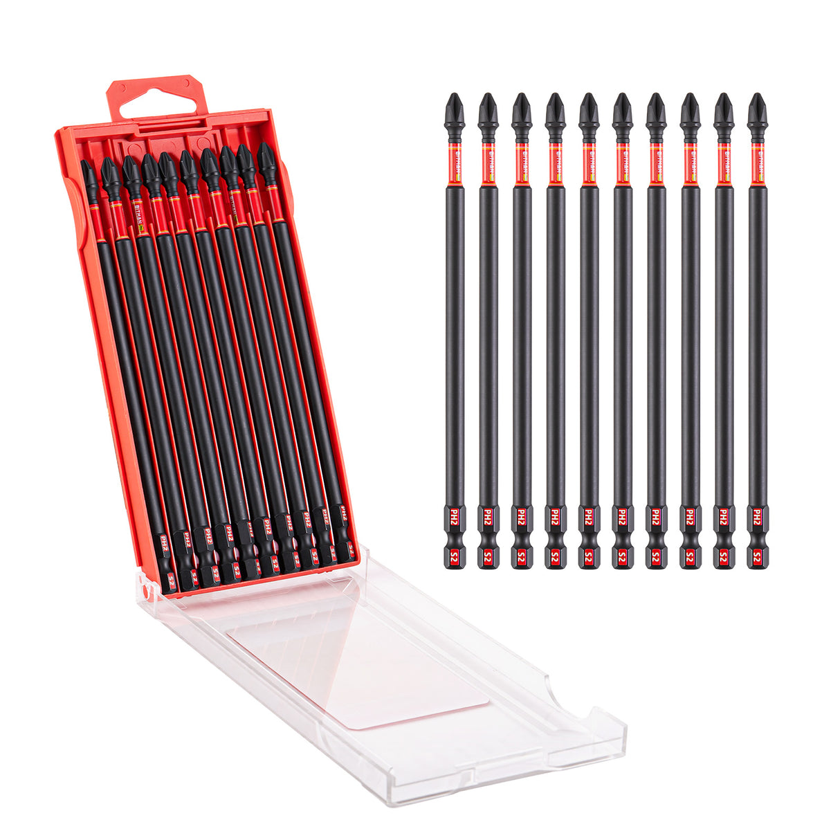 10-piece 6-inch PH2 impact power bit set made from heat-treated S2 alloy steel with magnetic CNC-machined tips, extended torsion zones and a storage case for impact drivers, drills, woodworking and repair tasks.
