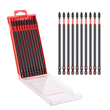 10-piece 6-inch PH2 impact power bit set made from heat-treated S2 alloy steel with magnetic CNC-machined tips, extended torsion zones and a storage case for impact drivers, drills, woodworking and repair tasks.