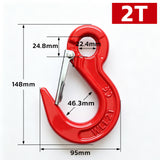heavy-duty eye lifting hook with safety latch and red powder-coated finish for chain rigging, hoisting and material handling