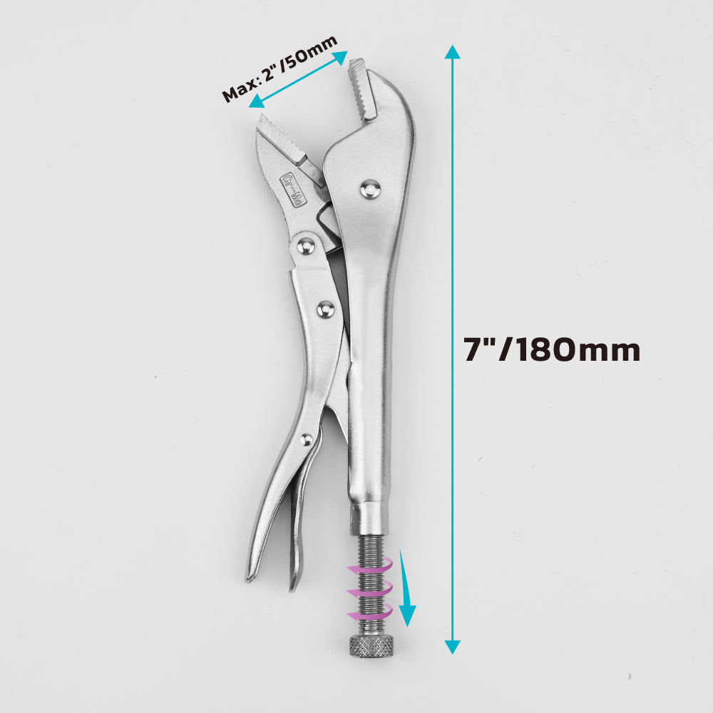 straight jaw locking pliers available in 7-inch and 10-inch sizes with adjustable tension screw, quick-release trigger and Cr-Mo steel jaws