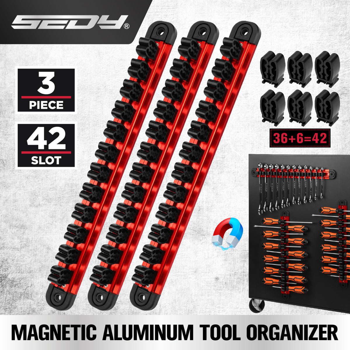 3-piece magnetic tool organizer with 42 adjustable clips, aluminum rails for wrenches, screwdrivers and tool storage