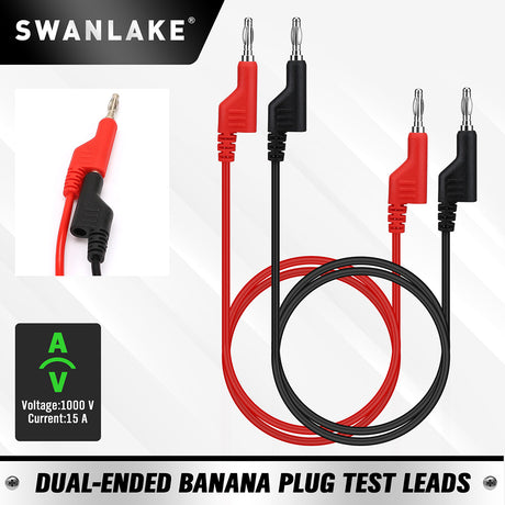 SWANLAKE 1000V 15A dual-ended banana plug test leads, red and black silicone cables with stackable connectors for multimeter and electronic testing