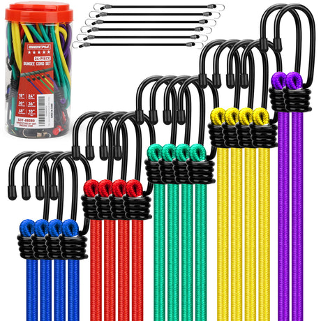 24-piece heavy duty bungee cord set with multi-length elastic straps and coated steel hooks for camping, transport and storage