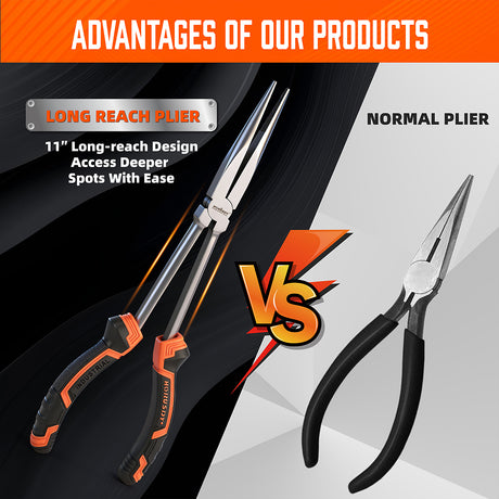 HORUSDY 3 piece 11 inch long reach pliers set including straight 0 degree 45 degree and 90 degree bent nose pliers with TPR handle