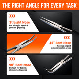 HORUSDY 3 piece 11 inch long reach pliers set including straight 0 degree 45 degree and 90 degree bent nose pliers with TPR handle