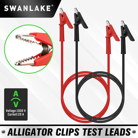SWANLAKE 1000V 20A alligator clips test leads with red and black silicone cables and insulated jaws for electrical testing and connection