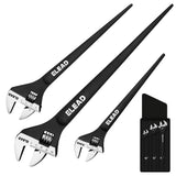 3-piece adjustable spud wrench set with 10, 12 and 16 inch CR-V steel wrenches, tapered pry bar handles and SAE metric scales