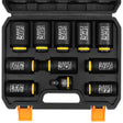 11-piece 1/2 inch drive metric impact socket set with 27mm to 38mm CR-MO deep sockets, 3/4 to 1/2 impact adapter, 6-point design, black phosphate finish and secure storage case for automotive wheel, truck and extractor repair