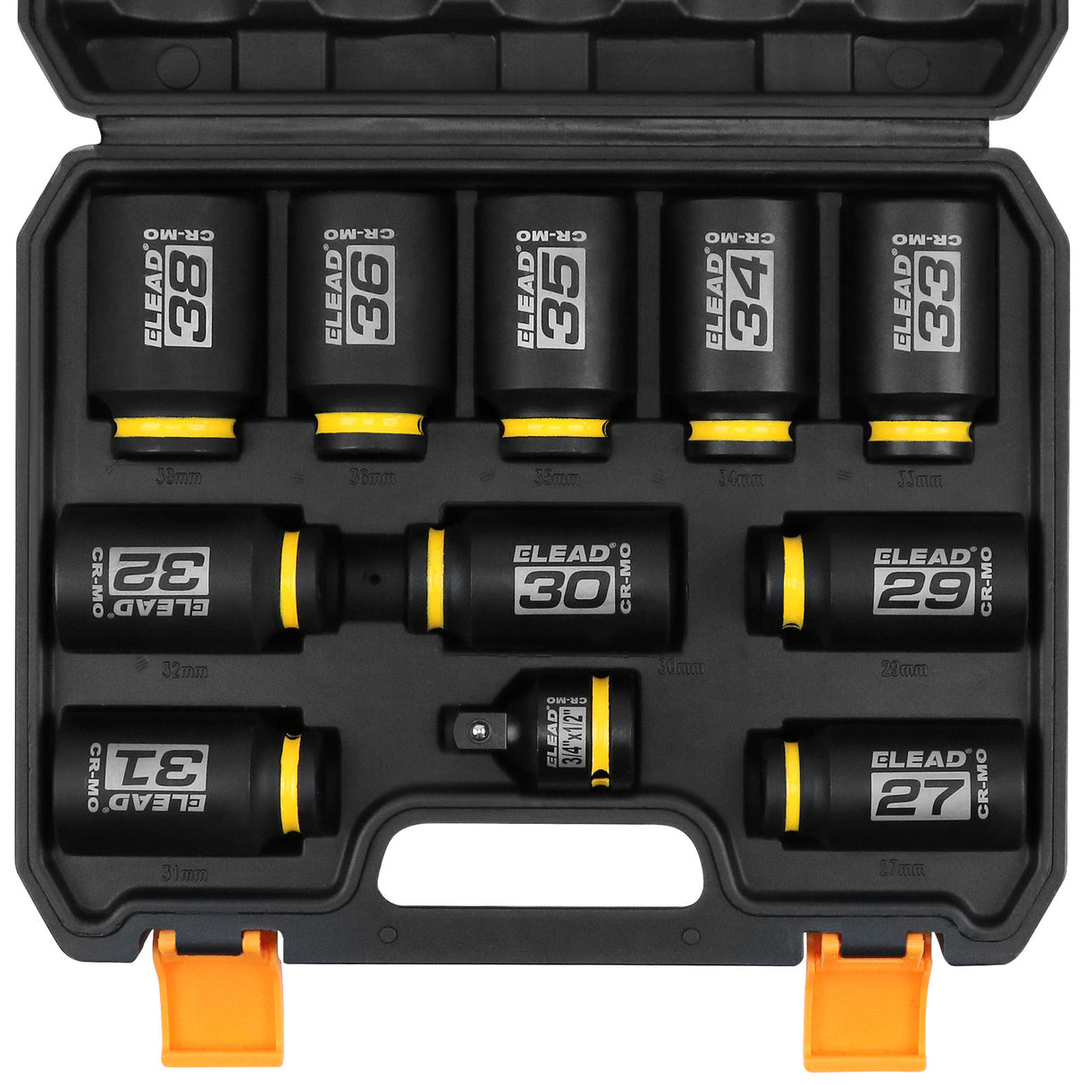 11-piece 1/2 inch drive metric impact socket set with 27mm to 38mm CR-MO deep sockets, 3/4 to 1/2 impact adapter, 6-point design, black phosphate finish and secure storage case for automotive wheel, truck and extractor repair