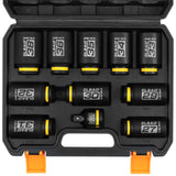 11-piece 1/2 inch drive metric impact socket set with 27mm to 38mm CR-MO deep sockets, 3/4 to 1/2 impact adapter, 6-point design, black phosphate finish and secure storage case for automotive wheel, truck and extractor repair