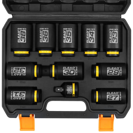 11-piece 1/2 inch drive metric impact socket set with 27mm to 38mm CR-MO deep sockets, 3/4 to 1/2 impact adapter, 6-point design, black phosphate finish and secure storage case for automotive wheel, truck and extractor repair