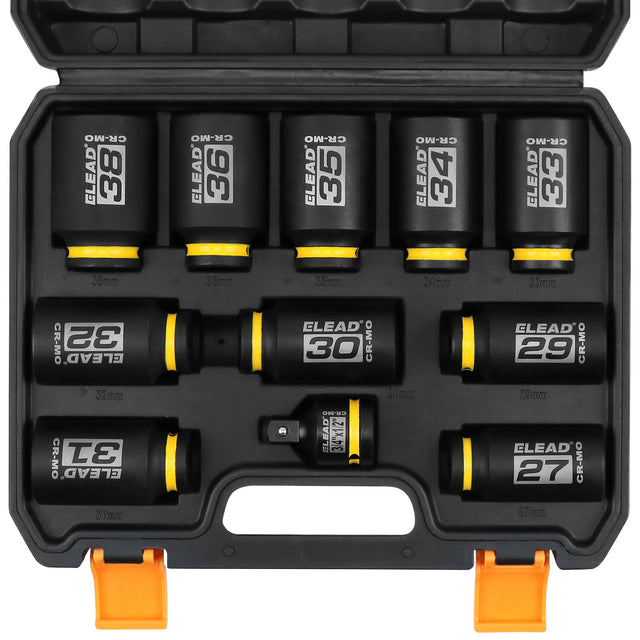 11-piece 1/2 inch drive metric impact socket set with 27mm to 38mm CR-MO deep sockets, 3/4 to 1/2 impact adapter, 6-point design, black phosphate finish and secure storage case for automotive wheel, truck and extractor repair