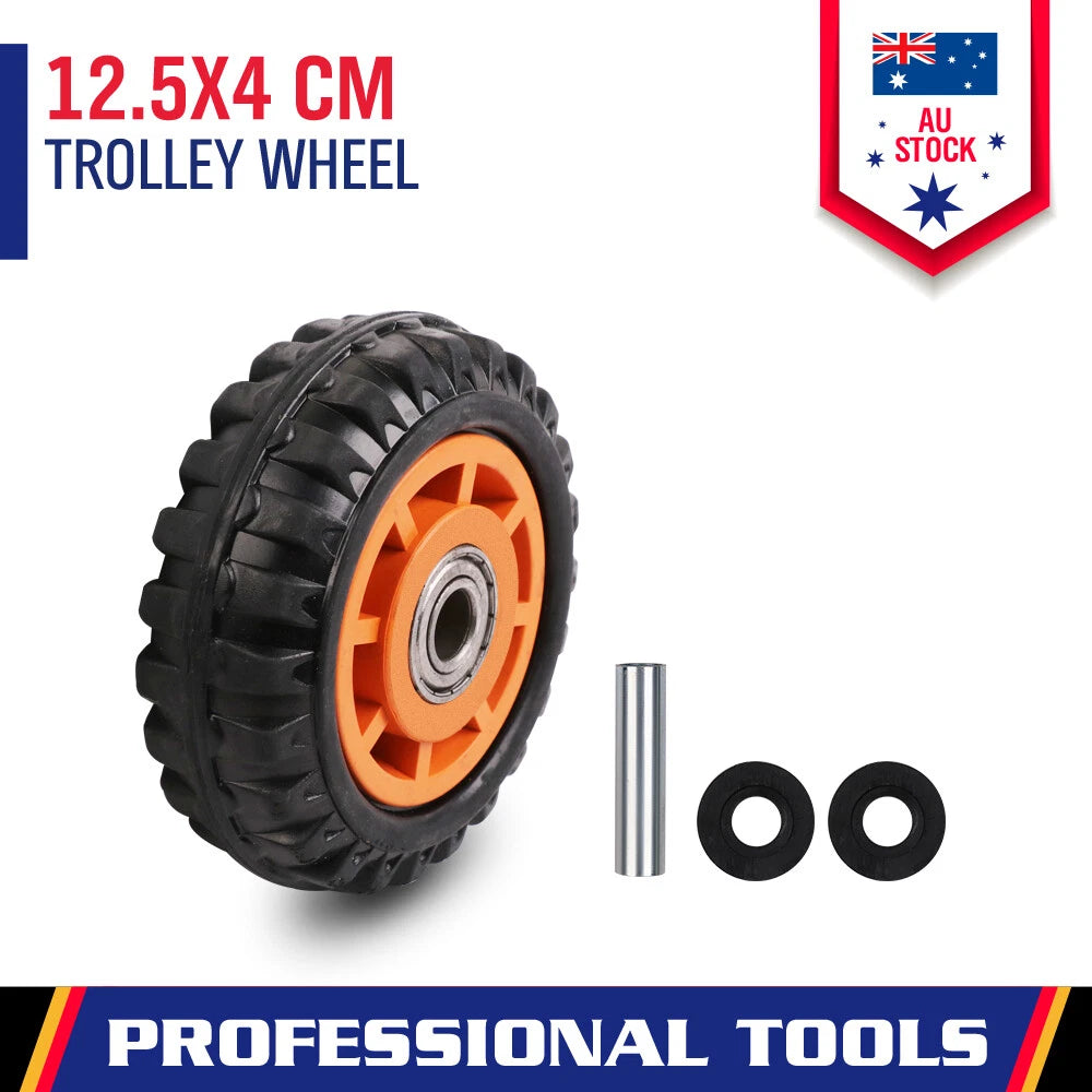 5 inch solid trolley wheel with plastic rim and 15mm bore for wheelbarrows, lawnmowers, carts and hand trucks.